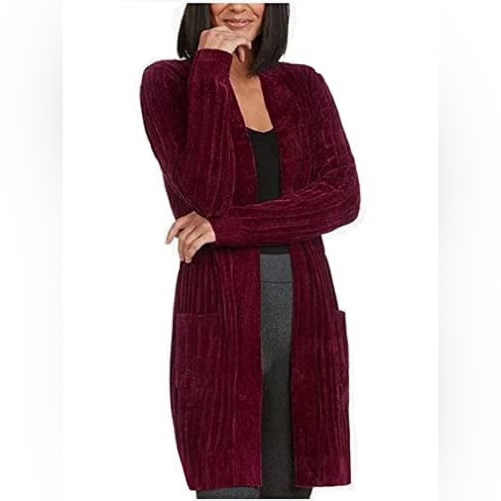 Matty M Burgundy Chenille Long Cardigan XXL NWT Open Front Pockets